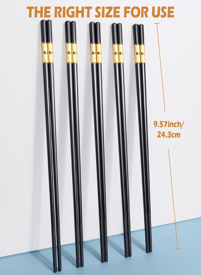 GLAMFIELDS 5 Pairs Premium Chopsticks Reusable Dishwasher Safe 9.5 Inch Fiberglass Chop Sticks Gift Set Non Slip Black+Gold - Image 2