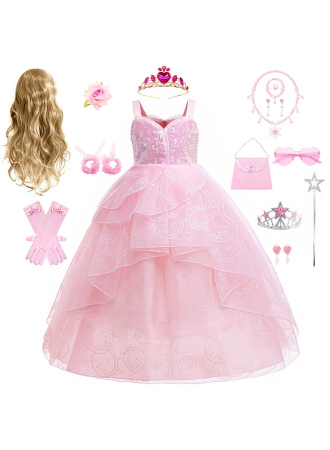 SISGL زي غليندا الشريرة للفتيات زي ساحرة النساء فستان الأميرة الجنية الوردية فستان تنكر غليندا مع ملحقات الشبك الوردية المتلألئة - Image 1