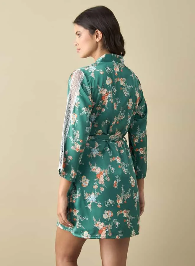 Splash FAV All-Over Floral Print Robe with Tie-Up Belt and Slip Dress
