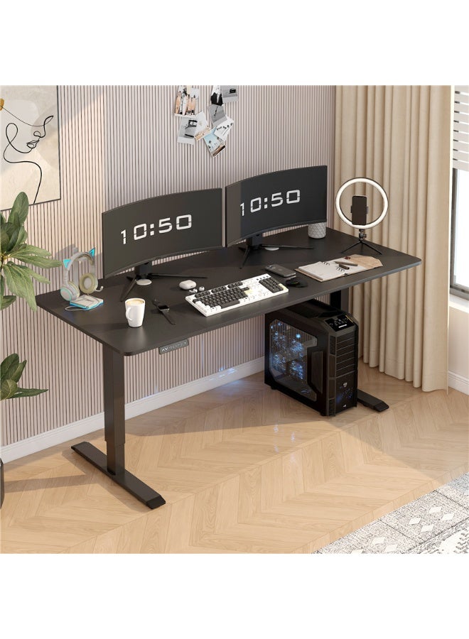 طاولة الكمبيوتر الكهربائية القابلة للتعديل في الارتفاع مع قفل للأطفال، تصميم إرخامي لطاولة المكتب المنزلية القابلة للوقوف مع حامل معدني وسطح خشبي (160 × 60 سم، سوداء) - Image 1