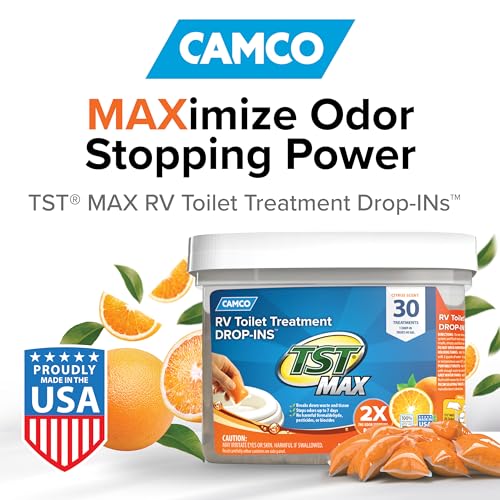 Camco TST MAX RV Toilet Treatment Drop-INs - Control Unwanted Odors & Break Down Waste and Tissue - Safe Septic Tank Treatment - Orange Scent, 30-Pack (41183) - Image 2