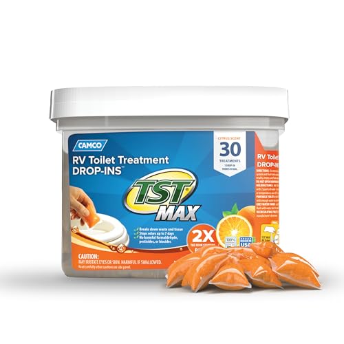 Camco TST MAX RV Toilet Treatment Drop-INs - Control Unwanted Odors & Break Down Waste and Tissue - Safe Septic Tank Treatment - Orange Scent, 30-Pack (41183) - Image 1