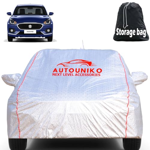 AUTOUNIKO Waterproof Car Body Cover Compatible with Maruti New dzire with Mirror and Antena Pocket and Soft Cotton Lining (Fully Bottom Elastic Triple Stitched) (Metallic Silver with Red Piping) - Image 1