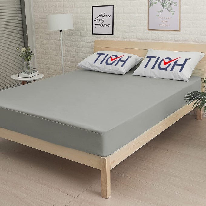DUSTPROOF WATERPROOF COTTON FITTED MATTRESS PROTECTOR WITH SKIRT FITTED DOUBLE BED GREY