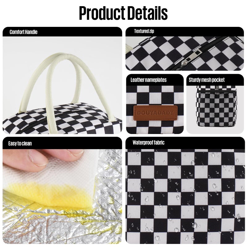 douyadady Lunch Bag Women/Men Lunch Box Women/Men (Black+White Checkerboard) - Image 4