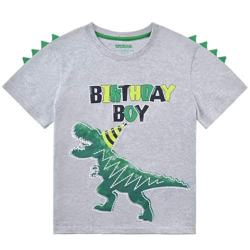 WAWSAM Dinosaur Birthday Boy T-Shirt Toddler B-Day Dino Party Shirts T Rex Top Tee Gift Cotton Graphic Short Sleeve Gray Printed T-Shirt Outfits for Boy Kids - Image 1