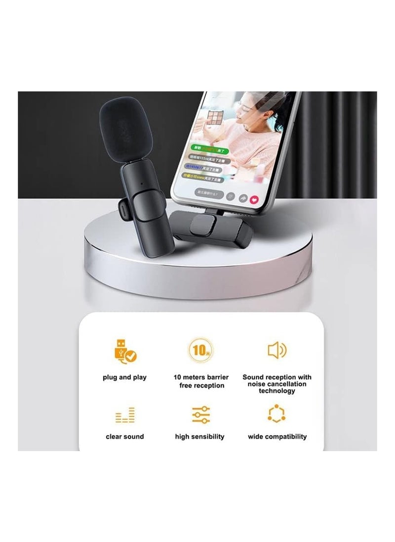 K8 wireless microphone, 2.4ghz 2 in 1 digital mini portable recording clip mic with receiver for all type-c lightning mobile phones camera laptop for vlogging youtube online class, zoom call