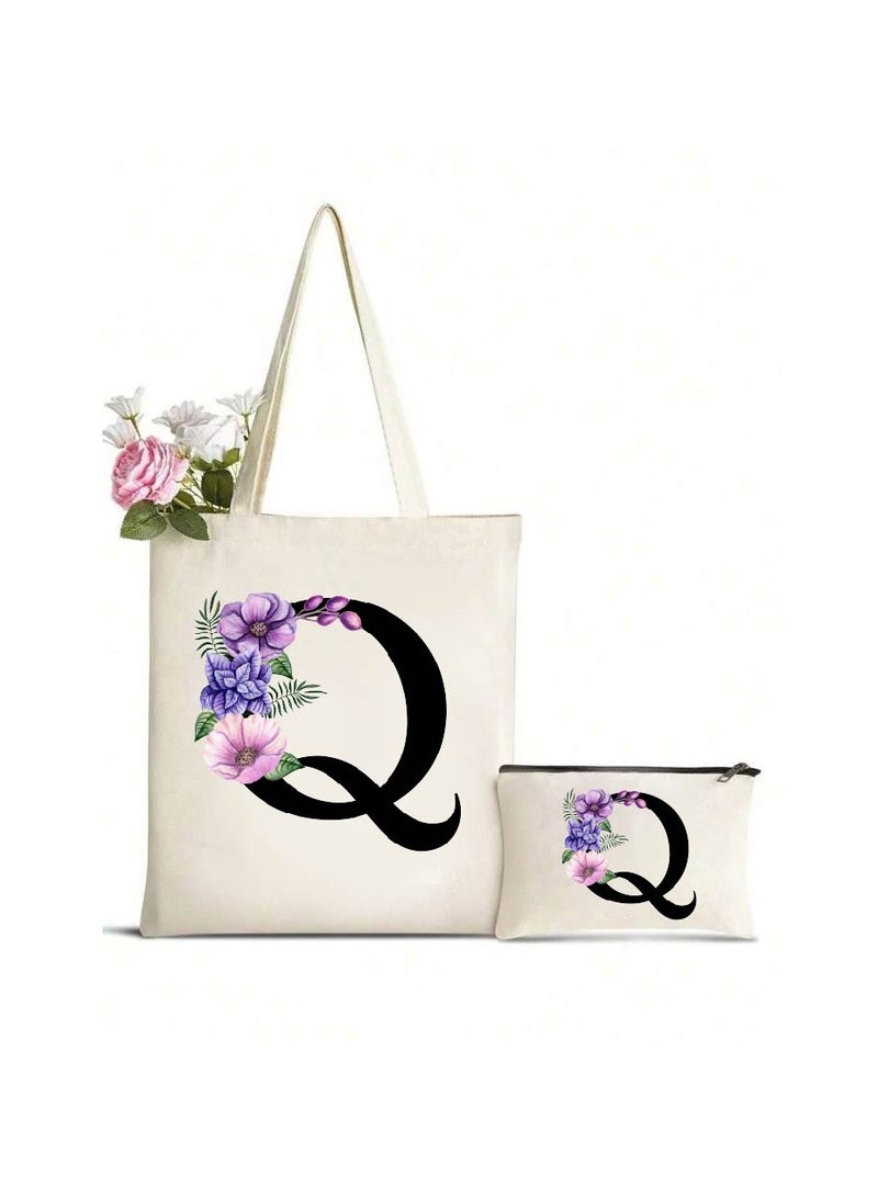 برينت شوب فور مي حقيبة حمل قماشية أولية بحروف كبيرة ومجموعة حقيبة مكياج متطابقة - هدايا مدروسة للنساء والمعلمين وطلاب الجامعات ووصيفات العروس وحقائب البقالة القابلة لإعادة الاستخدام وحفلات الزفاف والعطلات والسفر - Image 1