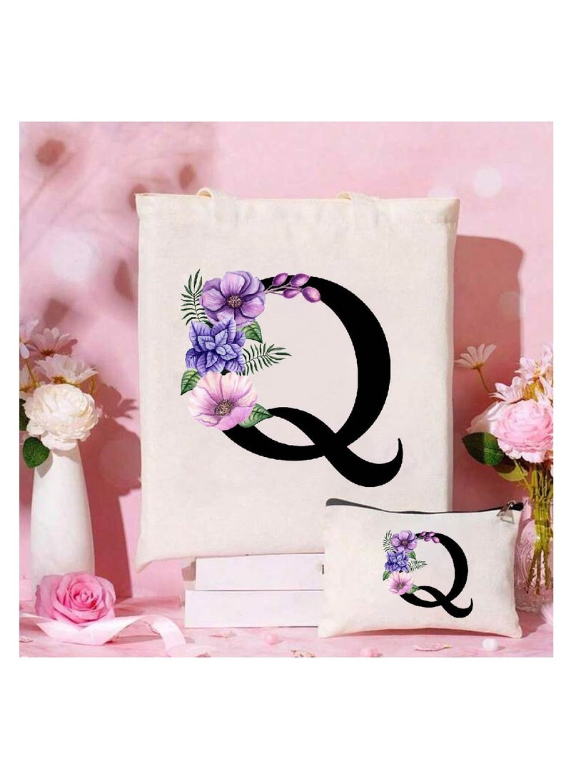 برينت شوب فور مي حقيبة حمل قماشية أولية بحروف كبيرة ومجموعة حقيبة مكياج متطابقة - هدايا مدروسة للنساء والمعلمين وطلاب الجامعات ووصيفات العروس وحقائب البقالة القابلة لإعادة الاستخدام وحفلات الزفاف والعطلات والسفر - Image 2