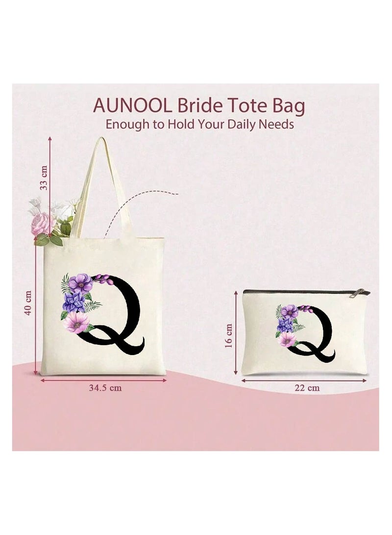 برينت شوب فور مي حقيبة حمل قماشية أولية بحروف كبيرة ومجموعة حقيبة مكياج متطابقة - هدايا مدروسة للنساء والمعلمين وطلاب الجامعات ووصيفات العروس وحقائب البقالة القابلة لإعادة الاستخدام وحفلات الزفاف والعطلات والسفر - Image 3