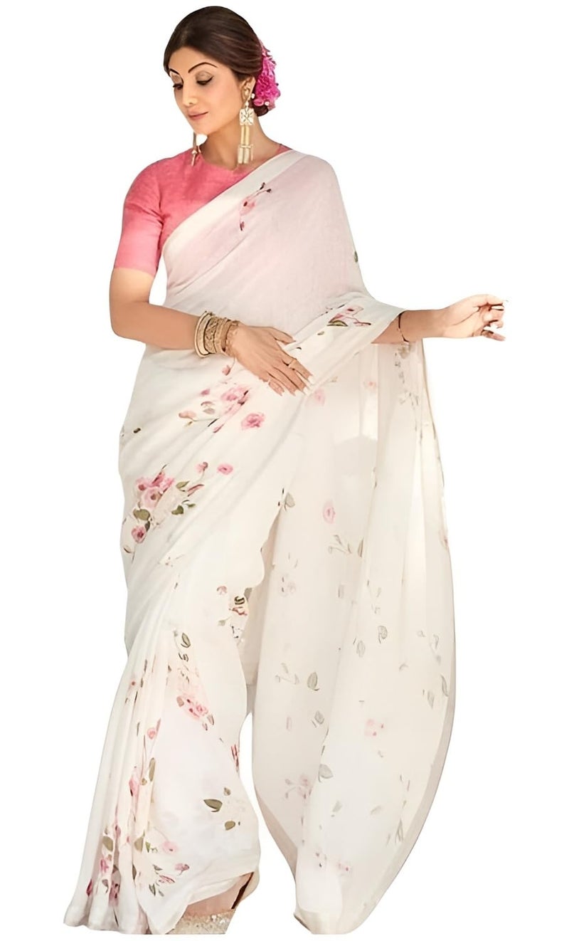 Sidhidata ساري سيدي داتا النسائي من القطن والكتان بطبعة زهور مع قطعة بلوزة غير مخيطة - Image 1