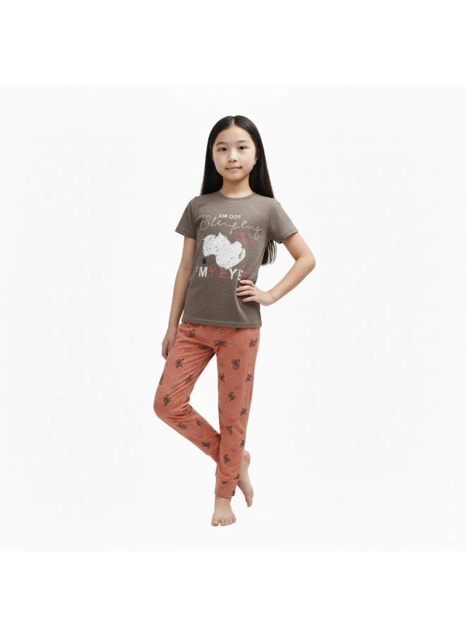 JOANNA Girl's I'm Not Sleeping I'm Resting My Eyes Print Short Sleeve Shirt & Long Pants Pajama Set, Light Grey - Image 5