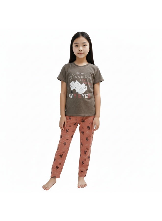 JOANNA Girl's I'm Not Sleeping I'm Resting My Eyes Print Short Sleeve Shirt & Long Pants Pajama Set, Light Grey - Image 2