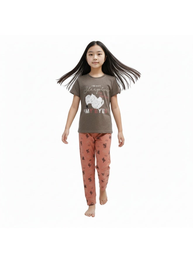 JOANNA Girl's I'm Not Sleeping I'm Resting My Eyes Print Short Sleeve Shirt & Long Pants Pajama Set, Light Grey - Image 4