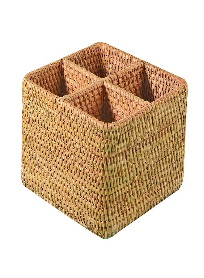 i-lan Natural Rattan 4 Compartments Cooking Utensil Silverware Organizer Holder Cosmetics Storage Box Cutlery Caddy Flatware Serving Basket (180mm 4-Compartment Box) - Image 1
