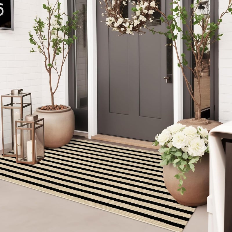 Sungea Outdoor Rug Fall Front Door Mat 2'x4.3', Cotton Indoor Doormat Washable Black and Tan Striped Rug, Stain Resistant Reversible Layered Door Mats for Entryway/Farmhouse/Home Entrance - Image 1