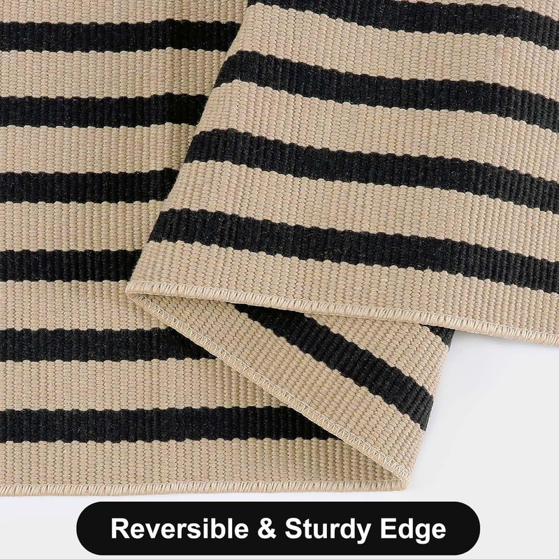 Sungea Outdoor Rug Fall Front Door Mat 2'x4.3', Cotton Indoor Doormat Washable Black and Tan Striped Rug, Stain Resistant Reversible Layered Door Mats for Entryway/Farmhouse/Home Entrance - Image 5