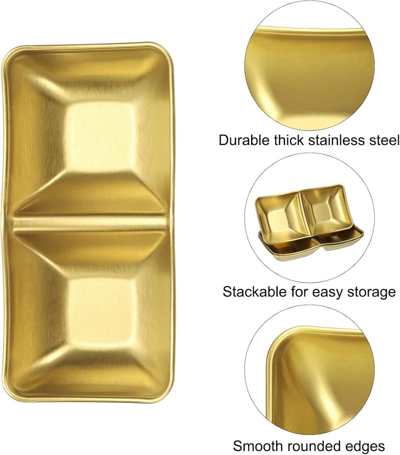 uxcell uxcell 4 Pcs Stainless Steel Sauce Dish 2 Compartment Sushi Soy Sauce Divided Dipping Bowls Metal Seasoning Dishes Appetizer Serving Tray Sauce Dish for Home Kitchen BBQ Gold - Image 4