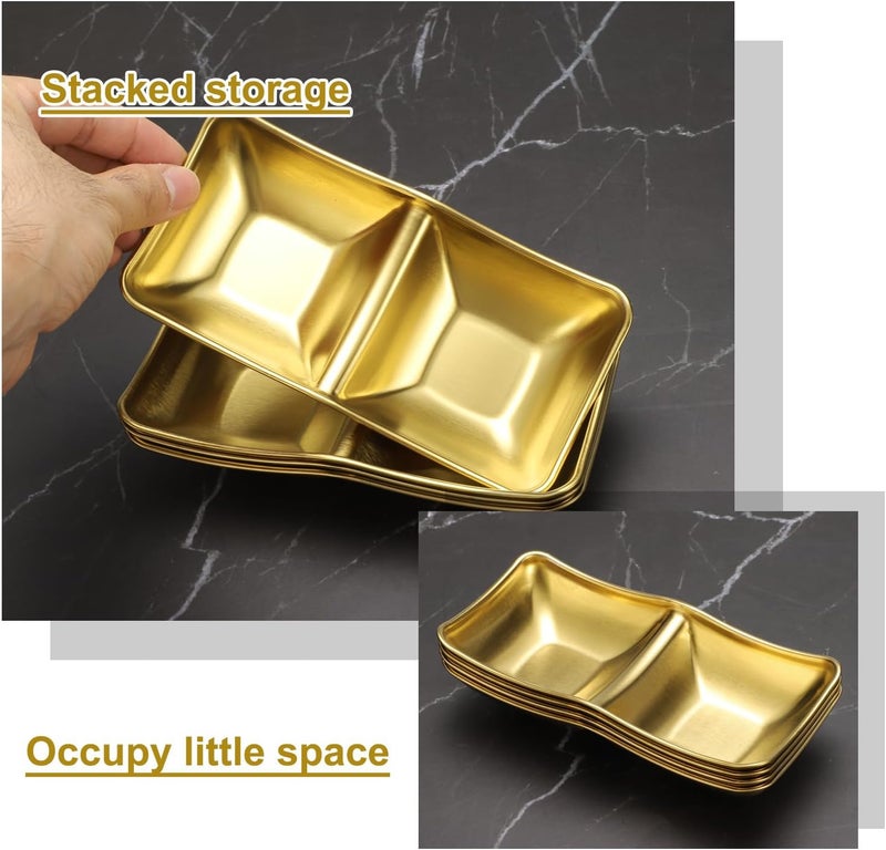 uxcell uxcell 4 Pcs Stainless Steel Sauce Dish 2 Compartment Sushi Soy Sauce Divided Dipping Bowls Metal Seasoning Dishes Appetizer Serving Tray Sauce Dish for Home Kitchen BBQ Gold - Image 3