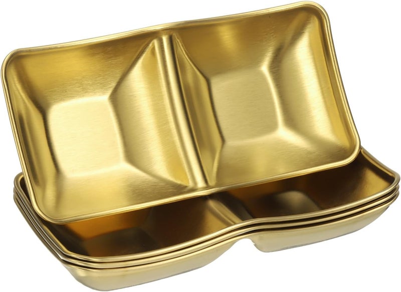 uxcell uxcell 4 Pcs Stainless Steel Sauce Dish 2 Compartment Sushi Soy Sauce Divided Dipping Bowls Metal Seasoning Dishes Appetizer Serving Tray Sauce Dish for Home Kitchen BBQ Gold - Image 1