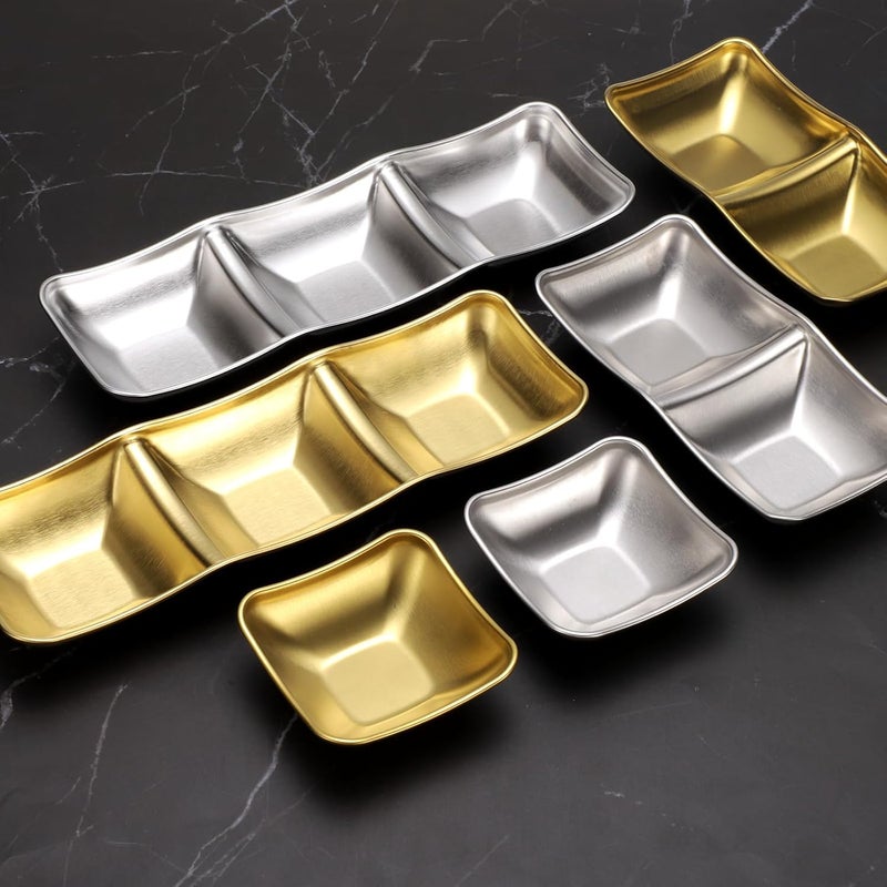 uxcell uxcell 4 Pcs Stainless Steel Sauce Dish 2 Compartment Sushi Soy Sauce Divided Dipping Bowls Metal Seasoning Dishes Appetizer Serving Tray Sauce Dish for Home Kitchen BBQ Gold - Image 5
