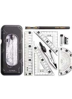 Maths Set, Geometry Compass Set Protractor Rulers Compass Set for Student Metal Durable Outer Box with Eraser/Ballpoint Pen (Black)
