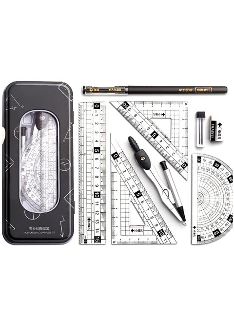 Maths Set, Geometry Compass Set Protractor Rulers Compass Set for Student Metal Durable Outer Box with Eraser/Ballpoint Pen (Black)