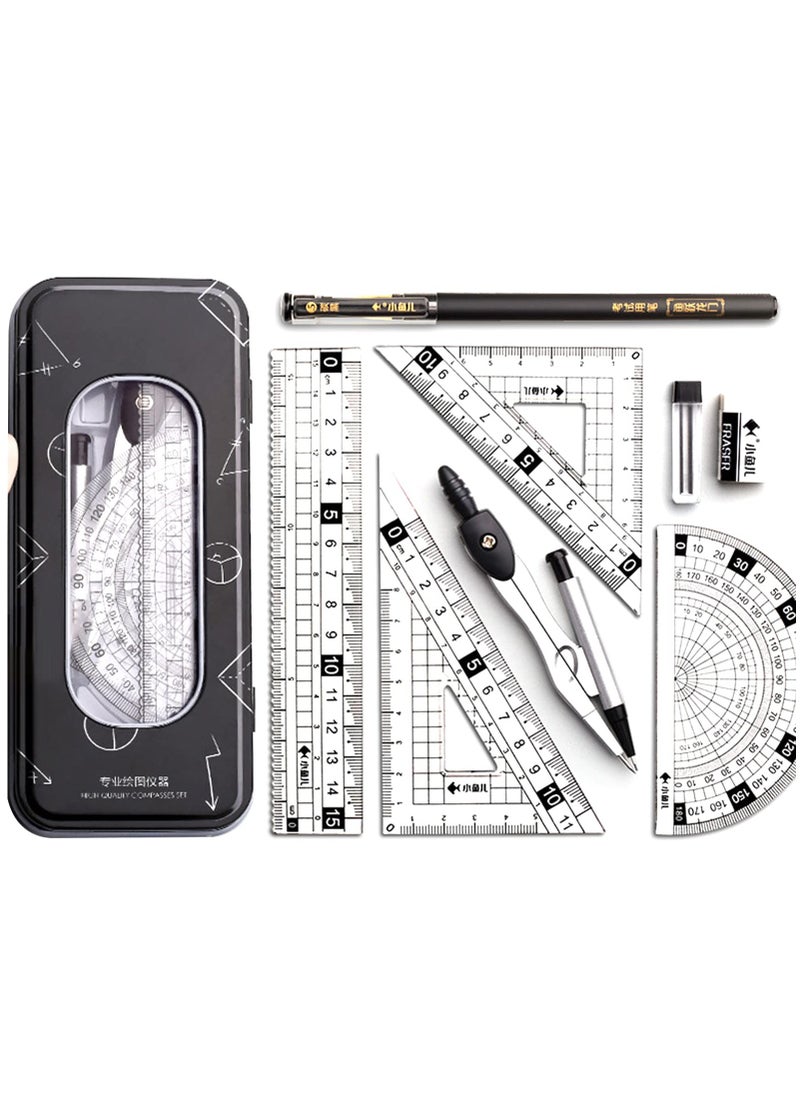 Generic - Maths Set, Geometry Compass Set Protractor Rulers Compass Set for Student Metal Durable Outer Box with Eraser/Ballpoint Pen (Black) - Image 1