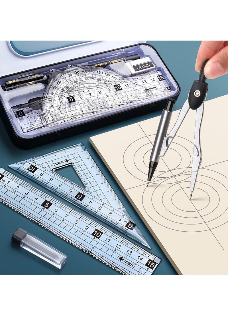 Generic - Maths Set, Geometry Compass Set Protractor Rulers Compass Set for Student Metal Durable Outer Box with Eraser/Ballpoint Pen (Black) - Image 1