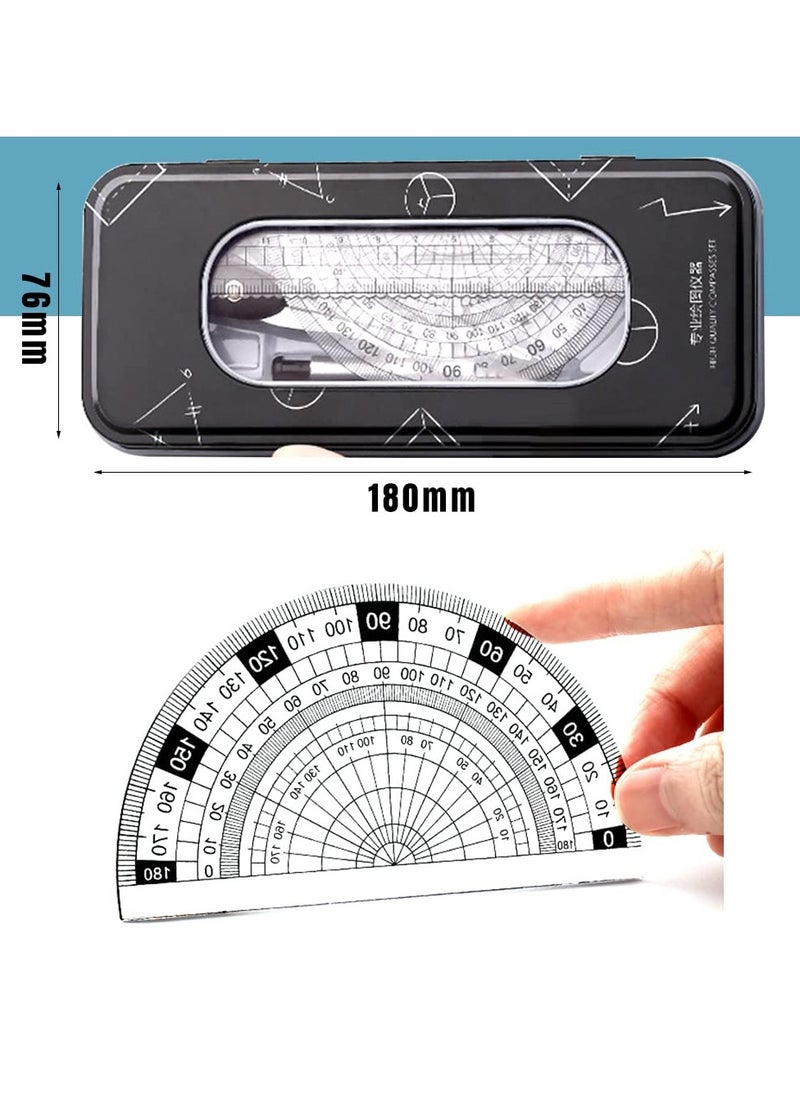 Generic - Maths Set, Geometry Compass Set Protractor Rulers Compass Set for Student Metal Durable Outer Box with Eraser/Ballpoint Pen (Black) - Image 1