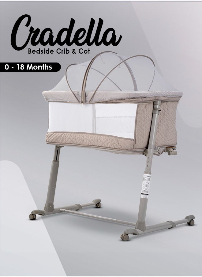 BAYBEE - Cradella Cradle For Baby Cot Bedside Crib Portable Convertible Bassinet With Adjustable Height Wheels Mosquito Net Toys For Toddlers 0 To 18 Months Grey - Image 1