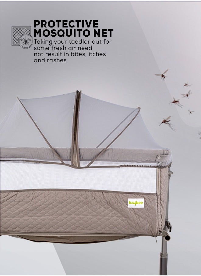 BAYBEE - Cradella Cradle For Baby Cot Bedside Crib Portable Convertible Bassinet With Adjustable Height Wheels Mosquito Net Toys For Toddlers 0 To 18 Months Grey - Image 1
