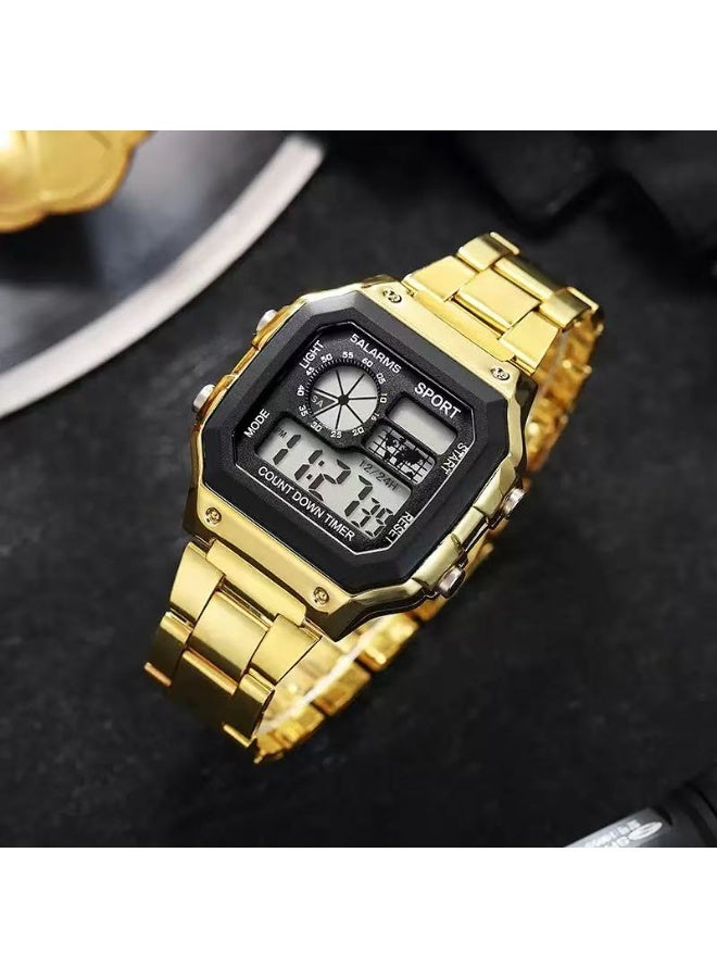 ساعة رقمية مربعة للرجال بإضاءة LED ليلية مع حزام معدن أنيق مناسبة للرياضة والاستخدام اليومي - Image 1