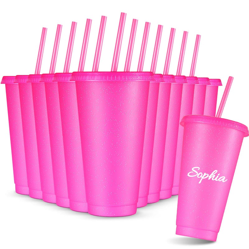 Amyhill 12 Pcs Reusable Glitter Cups with Lids and Straws 24 oz Plastic Tumbler Iced Coffee Cup Travel Mug for Smoothie Juice Sleepover Wedding Graduation Party Supplies Girl(Hot Pink) - Image 1