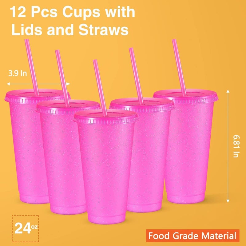 Amyhill 12 Pcs Reusable Glitter Cups with Lids and Straws 24 oz Plastic Tumbler Iced Coffee Cup Travel Mug for Smoothie Juice Sleepover Wedding Graduation Party Supplies Girl(Hot Pink) - Image 2