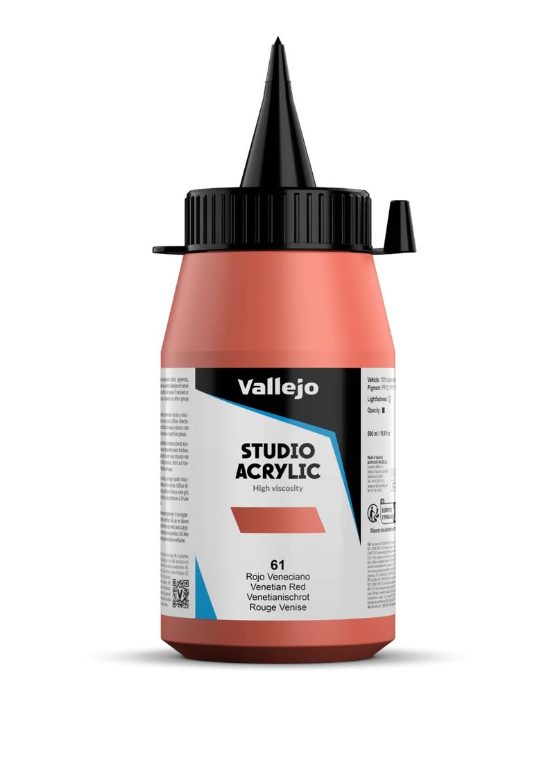 ألوان أكريليك احترافية للفنانين والاستوديوهات - أحمر فينيسي، صبغة عالية، تغطية سلسة على القماش والخشب - 500 مل