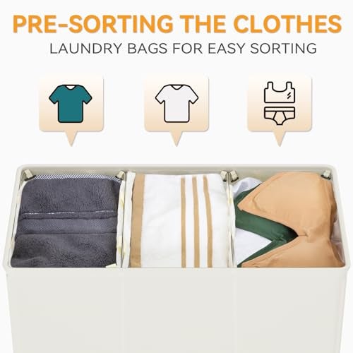 WOWLIVE 180L Laundry Hamper with Lid 3 Section,Large Laundry Basket with Removable Bags and Handles,Collapsible Dirty Clothes Hampers for Laundry,Laundry Basket Organizer for Laundry Room,Dorm,Beige - Image 4
