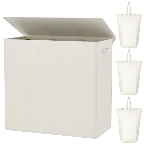 WOWLIVE 180L Laundry Hamper with Lid 3 Section,Large Laundry Basket with Removable Bags and Handles,Collapsible Dirty Clothes Hampers for Laundry,Laundry Basket Organizer for Laundry Room,Dorm,Beige - Image 1