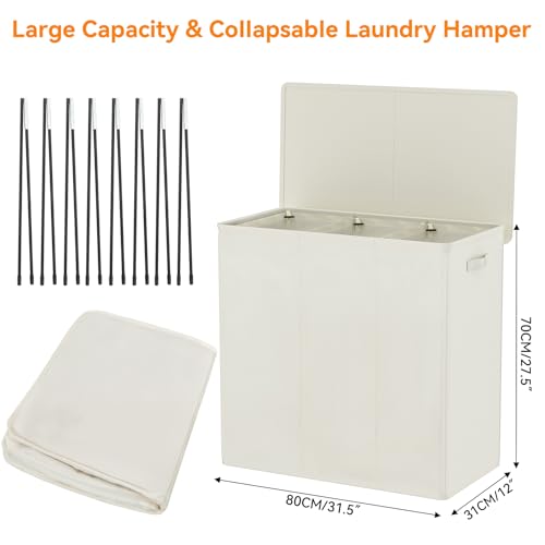 WOWLIVE 180L Laundry Hamper with Lid 3 Section,Large Laundry Basket with Removable Bags and Handles,Collapsible Dirty Clothes Hampers for Laundry,Laundry Basket Organizer for Laundry Room,Dorm,Beige - Image 5