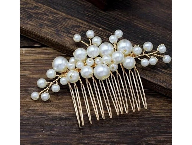 DORMITORRY Pearl Bridal Hair Comb, Bridal Hair Pins, Bridesmaid Hair Pins, Juda Pins, Bun Comb, Floral Bridal Wedding Hair Accessory, Jewelry for Women, Gold Comb Hair Brooch, 1 pcs - Golden. - Image 1