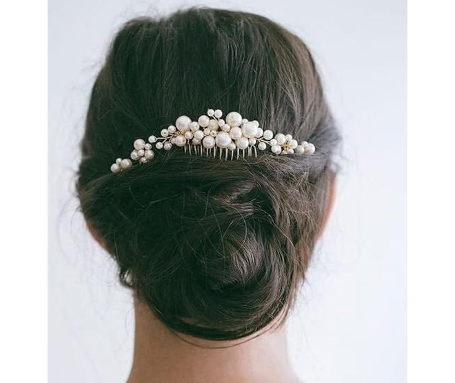 DORMITORRY Pearl Bridal Hair Comb, Bridal Hair Pins, Bridesmaid Hair Pins, Juda Pins, Bun Comb, Floral Bridal Wedding Hair Accessory, Jewelry for Women, Gold Comb Hair Brooch, 1 pcs - Golden. - Image 2