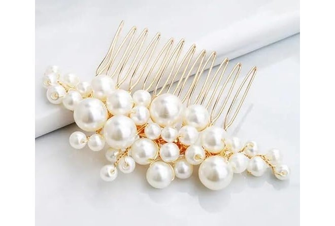 DORMITORRY Pearl Bridal Hair Comb, Bridal Hair Pins, Bridesmaid Hair Pins, Juda Pins, Bun Comb, Floral Bridal Wedding Hair Accessory, Jewelry for Women, Gold Comb Hair Brooch, 1 pcs - Golden. - Image 3