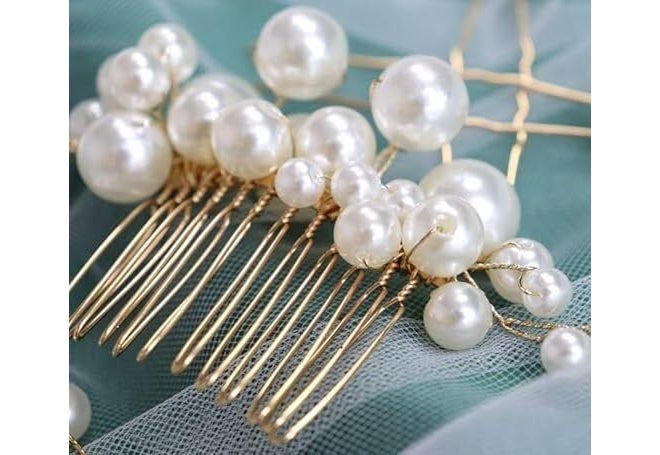 DORMITORRY Pearl Bridal Hair Comb, Bridal Hair Pins, Bridesmaid Hair Pins, Juda Pins, Bun Comb, Floral Bridal Wedding Hair Accessory, Jewelry for Women, Gold Comb Hair Brooch, 1 pcs - Golden. - Image 4