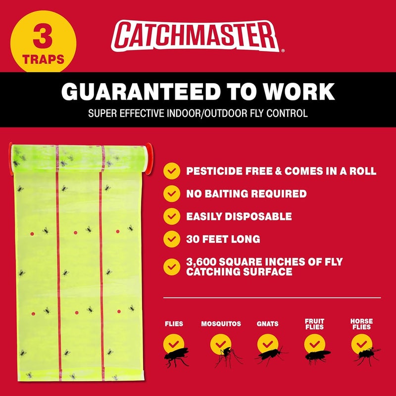 Catchmaster Giant Fly Glue Trap 3-Pack 30 Feet Each, Adhesive Fly Traps Outdoor, Sticky Bug Catcher, Bulk Flying Insect Paper Roll, Pet Safe Pest Control for Garage, Barn, Greenhouse & Garbage Room - Image 3