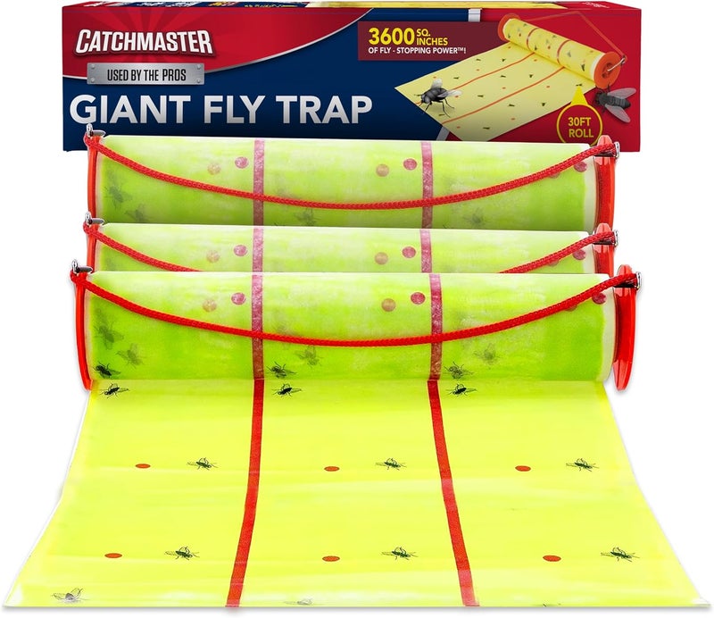 Catchmaster Giant Fly Glue Trap 3-Pack 30 Feet Each, Adhesive Fly Traps Outdoor, Sticky Bug Catcher, Bulk Flying Insect Paper Roll, Pet Safe Pest Control for Garage, Barn, Greenhouse & Garbage Room - Image 1