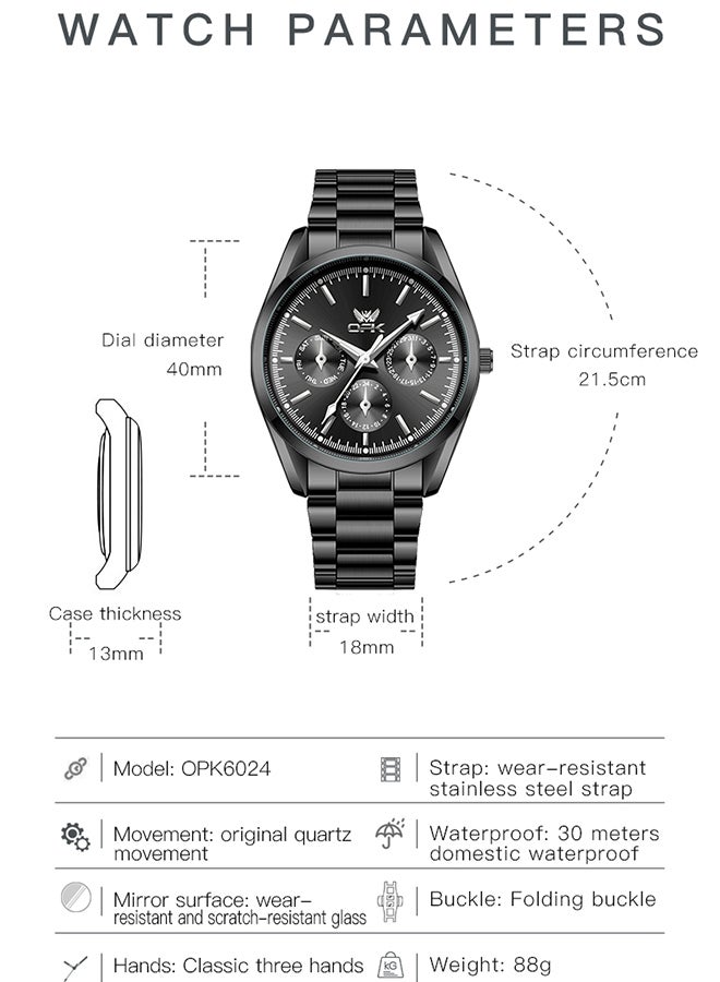 OPK Watches, Fashionable and Casual Men's Watch, Luminous Waterproof Quartz Watch, Men's Watch, 6024, All-Black Dial - Image 3