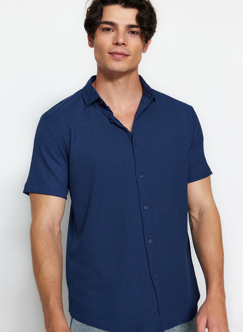 trendyol Summer Textured Navy Blue Wrap Shirt - Short Sleeve, Regular Fit Tmnss23Go00055 - Image 2