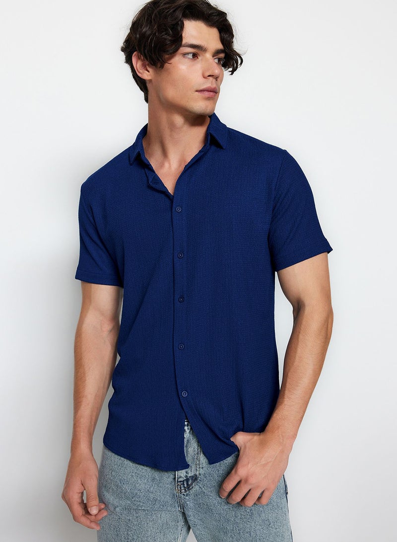 trendyol Summer Textured Navy Blue Wrap Shirt - Short Sleeve, Regular Fit Tmnss23Go00055 - Image 3