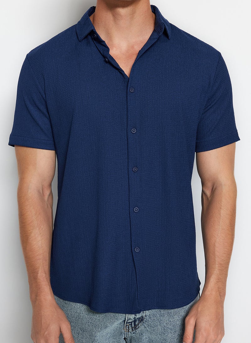 trendyol Summer Textured Navy Blue Wrap Shirt - Short Sleeve, Regular Fit Tmnss23Go00055 - Image 5