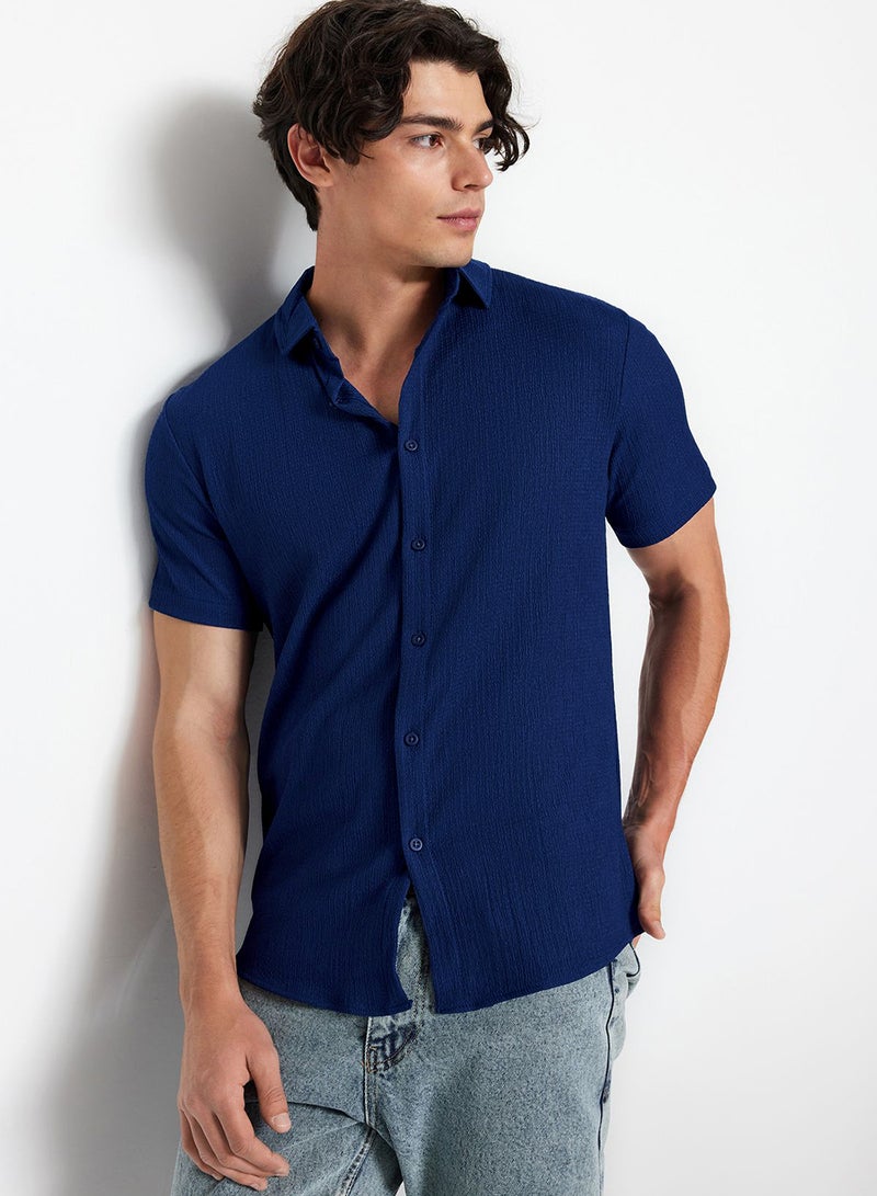 trendyol Summer Textured Navy Blue Wrap Shirt - Short Sleeve, Regular Fit Tmnss23Go00055 - Image 4